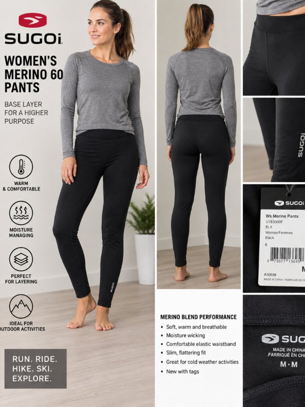 SUGOi Women’s Merino 60 Pants Black Medium NWT